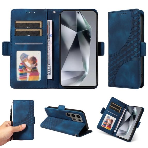 ELEHOLD For Samsung Galaxy S24 Ultra Leather Wallet Phone Case, Embossed Diamond Folio Flip Cover, Card Holder Cash Slot, Stand Support, Wrist Strap Lanyard -Blue