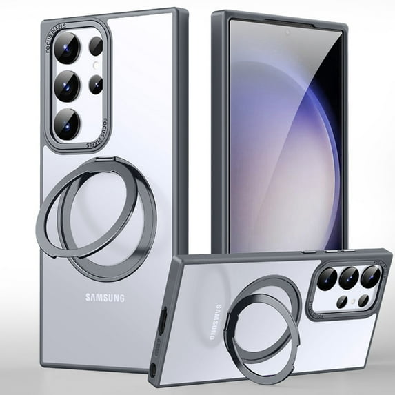 ELEHOLD For Samsung Galaxy S24 Ultra Magnetic Case, Sturdy Heavy Duty Shockproof Frosted Phone Cover, with Rotating Ring Stand, MagSafe Compatible, Lens Protection, Slim&Lightweight, Gray