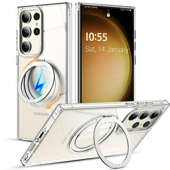 ELEHOLD for Samsung Galaxy S24 Ultra Magnetic Clear Case Transparent Clear Back Cover with Invisible 360 Rotation Ring Kickstand Matte Bumper Shockproof Protective Cover Mag Safe Compatible,Clear