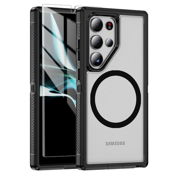 ELEHOLD for Samsung Galaxy S24 Ultra Magnetic Translucent Clear Case with HD Tempered Glass Screen Protector Hybrid PC+TPU Shockproof Bumper Compatible with Mag Safe Drop-Protection Cover,Black+Clear