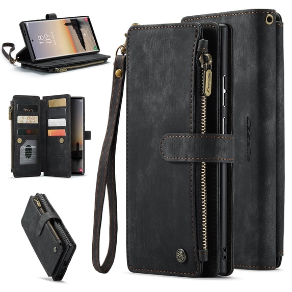 ELEHOLD for Samsung Galaxy S24 Ultra for Men Women Wallet Case, Premium Leather Shockproof Purse Case with Credit Card Slots Zipper Pocket Anti-Loss Wriststrap for Samsung Galaxy S24 Ultra,Black
