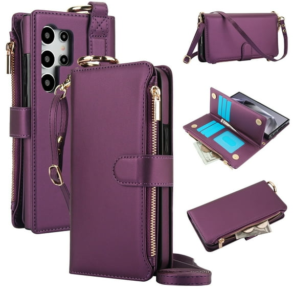 ELEHOLD For Samsung Galaxy S24 Ultra Phone Case Leather Crossbody Zipper Card Wallet Flip Case Kickstand Cover, with Ring Holder,Full Body Protection-Deeppurple