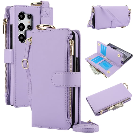 ELEHOLD For Samsung Galaxy S24 Ultra Phone Case Leather Crossbody Zipper Card Wallet Flip Case Kickstand Cover, with Ring Holder,Full Body Protection-Violet