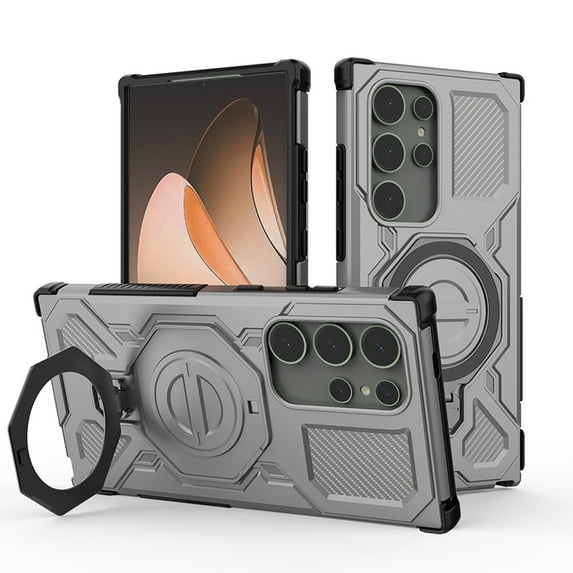 ELEHOLD For Samsung Galaxy S24 Ultra Rugged Case Shock-Resistant Magnetic Ring Kickstand Military-grade Rugged Non-Slip Grip Case Wireless Charging Compatible,Gray
