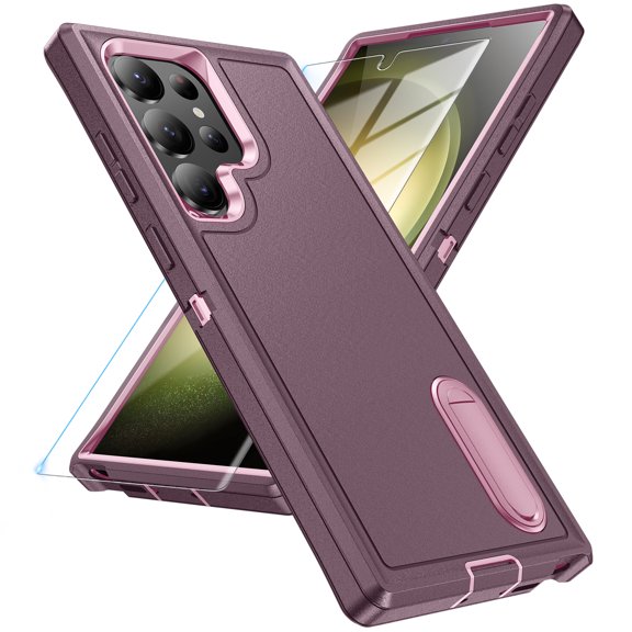ELEHOLD for Samsung Galaxy S24 Ultra Rugged Hybrid Case with Tempered Glass Screen Protector Hidden Invisible Kickstand Silicone Hard PC Shockproof Cover for Samsung S24 Ultra,Purple+Pink