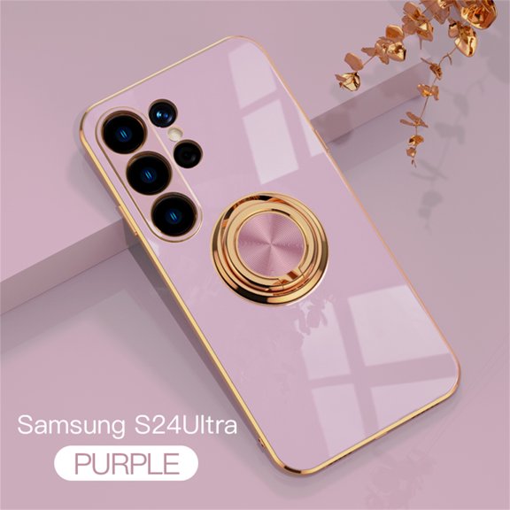 ELEHOLD for Samsung Galaxy S24 Ultra Slim Case Electroplating Frame Design All-inclusive Lens Protection Metal Ring Holder Stand Function Shockproof Lightweight Case for Galaxy S24 Ultra - Lightpurple