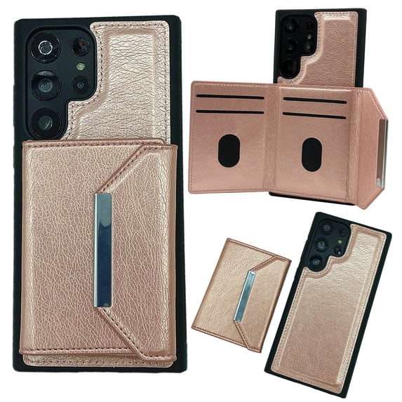 ELEHOLD for Samsung Galaxy S24 Ultra Wallet Case,Detachable Magnetic Card Slot Flip Leather Kickstand Magnetic Clasp Protective Shockproof Phone Case for Samsung Galaxy S24 Ultra,Rosegold