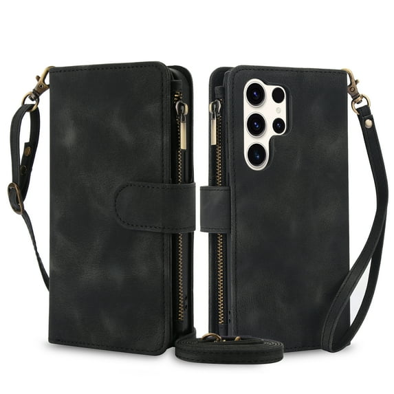 ELEHOLD for Samsung Galaxy S24 Ultra Wallet Case,Flip Leather Women Men Credit Card Cash Slot Zipper Kickstand Shockproof Case with Crossbody Wrist Strap for Samsung Galaxy S24 Ultra,Black