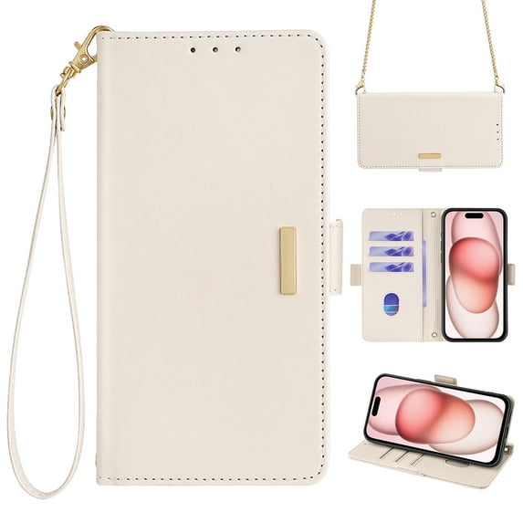 ELEHOLD for Samsung Galaxy S24 Ultra Wallet Case for Women Men with Gold Shoulder&Hand Strap Detachable Lanyard,PU Leather Kickstand Shockproof Protective Case for Samsung Galaxy S24 Ultra,White