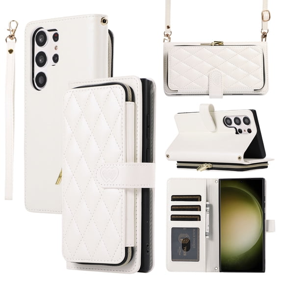 ELEHOLD for Samsung Galaxy S24 Ultra Wallet Crossbody Case,Large Capacity Zipper Cash Pocket Card Holders Flip Kickstand Skin-Friendly Leather Purse Cover with Wrist Strap Crossbody Strap,White