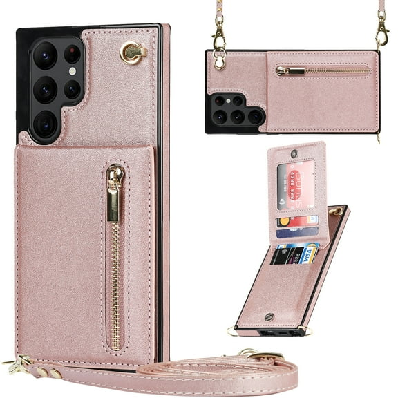 ELEHOLD for Samsung Galaxy S24 Ultra Zipper Wallet Case PU Leather Purse with Back Card Slots Kickstand Crossbody Strap Magnetic Clasp for Women Girls Samsung Galaxy S24 Ultra Case,Rosegold