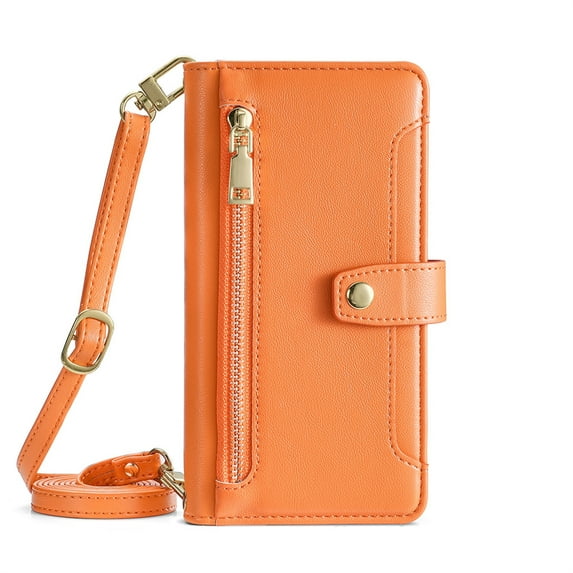 ELEHOLD for Samsung Galaxy S24 Wallet Case Crossbody, Zipper Phone Case with Card Holder Large Capacity Wrist Strap Leather Purse Cover for Women Men for Samsung Galaxy S24,Orange