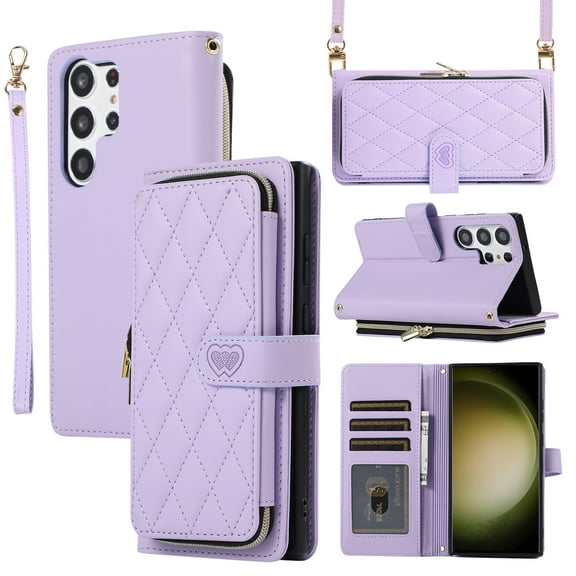 ELEHOLD for Samsung Galaxy S24 Wallet Crossbody Case,Large Capacity Zipper Cash Pocket Card Holders Flip Kickstand Skin-Friendly Leather Purse Cover with Wrist Strap Crossbody Strap,Purple