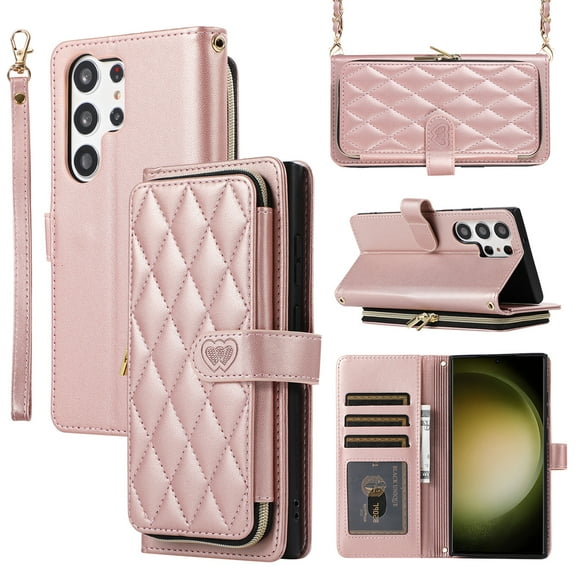 ELEHOLD for Samsung Galaxy S24 Wallet Crossbody Case,Zipper Cash Pocket Large Capacity Card Holders Flip Kickstand Premium PU Leather Purse Cover with Wrist Strap Crossbody Chain Strap,Rosegold