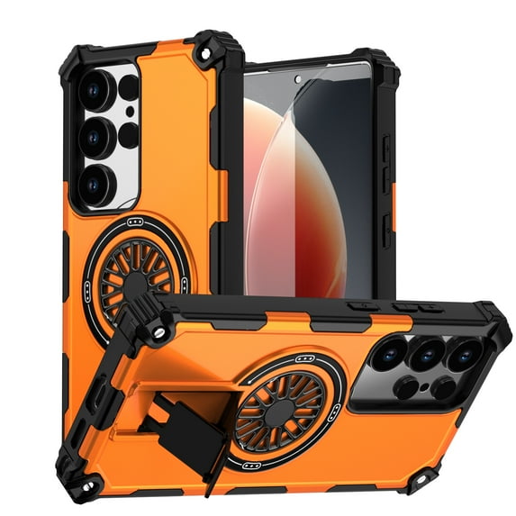 ELEHOLD For Samsung Galaxy S25+ Case, Shockproof Soft Bumper Hybrid Three Layer Heavy Duty Grip Rugged Kickstand Protective Magnetic Case For Samsung Galaxy S25+,Orange