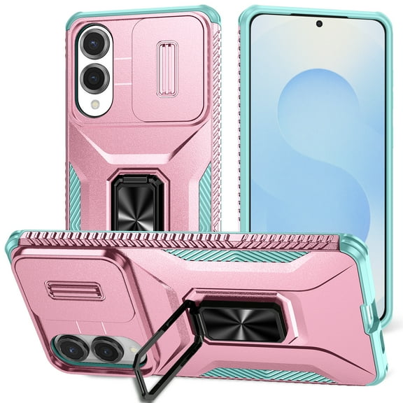 ELEHOLD for Samsung Galaxy S25 Edge Case with Slide Cover Protector 360° Rotation Metal Ring Kickstand Impact-Resistant Shockproof Support Magnetic Car Mount Rugged Case ,Rosegold