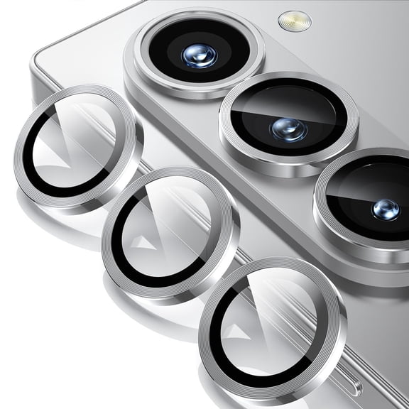 ELEHOLD for Samsung Galaxy S25 FE Camera Lens Protector, Ultra Thin Scratch Resistant 9H Tempered Glass with Aluminum Metal Circle Camera Screen Protector Cover Accessories,Silver