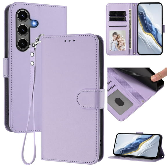 ELEHOLD For Samsung Galaxy S25 FE Flip PU Leather Wallet Case with Credit Card Slot RFID Blocking Kickstand Shock-Absorbent TPU Magnetic Protective Cover With Lanyard,Lightpurple