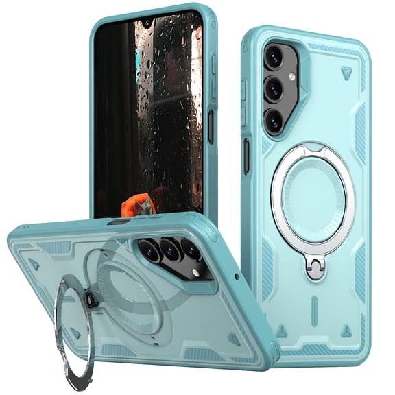 ELEHOLD For Samsung Galaxy S25 FE Rugged Case ,Ergonomic Shockproof Magnetic Ring Stand Rugged Non-Slip Protective Cover Support Wireless Charging,Lightblue