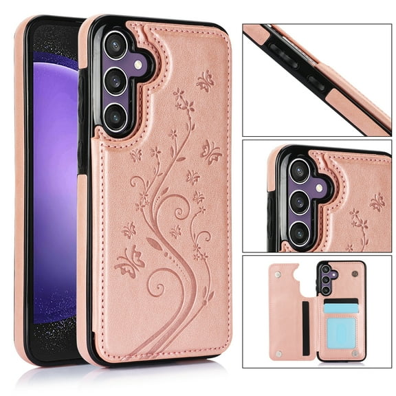 ELEHOLD for Samsung Galaxy S25 FE Wallet Case, Flower Embossed Pattern Magnetic Button Card Holders PU Leather Cover Kickstand Function Shockproof Protective Case for Samsung Galaxy S25 FE, Rosegold