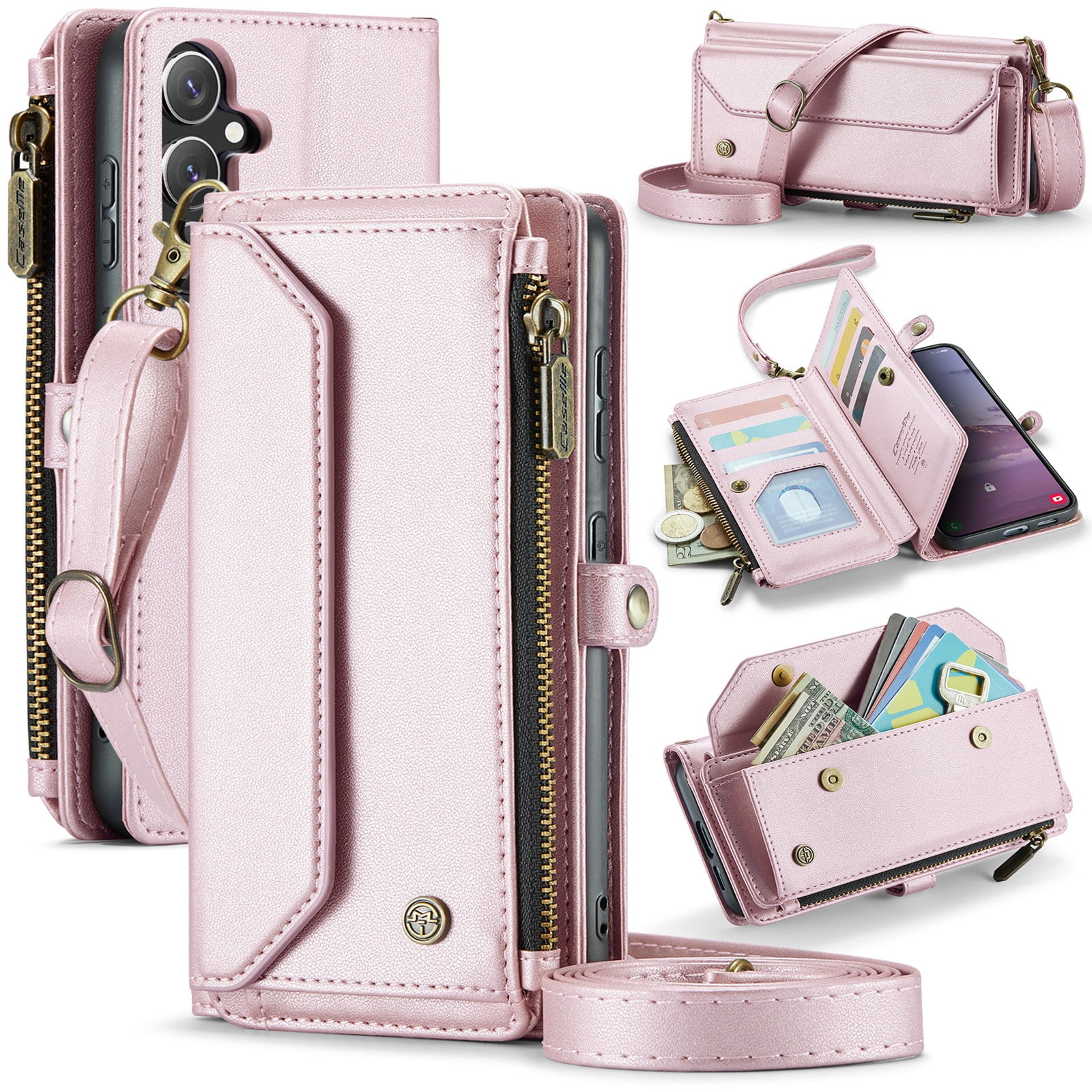 ELEHOLD for Samsung Galaxy S25 FE Wallet Case,Support Wireless Charging PU Leather RFID Blocking Card Holder Kickstand Flip Shockproof Case with Crossbody/Wristlet Strap ,Pink
