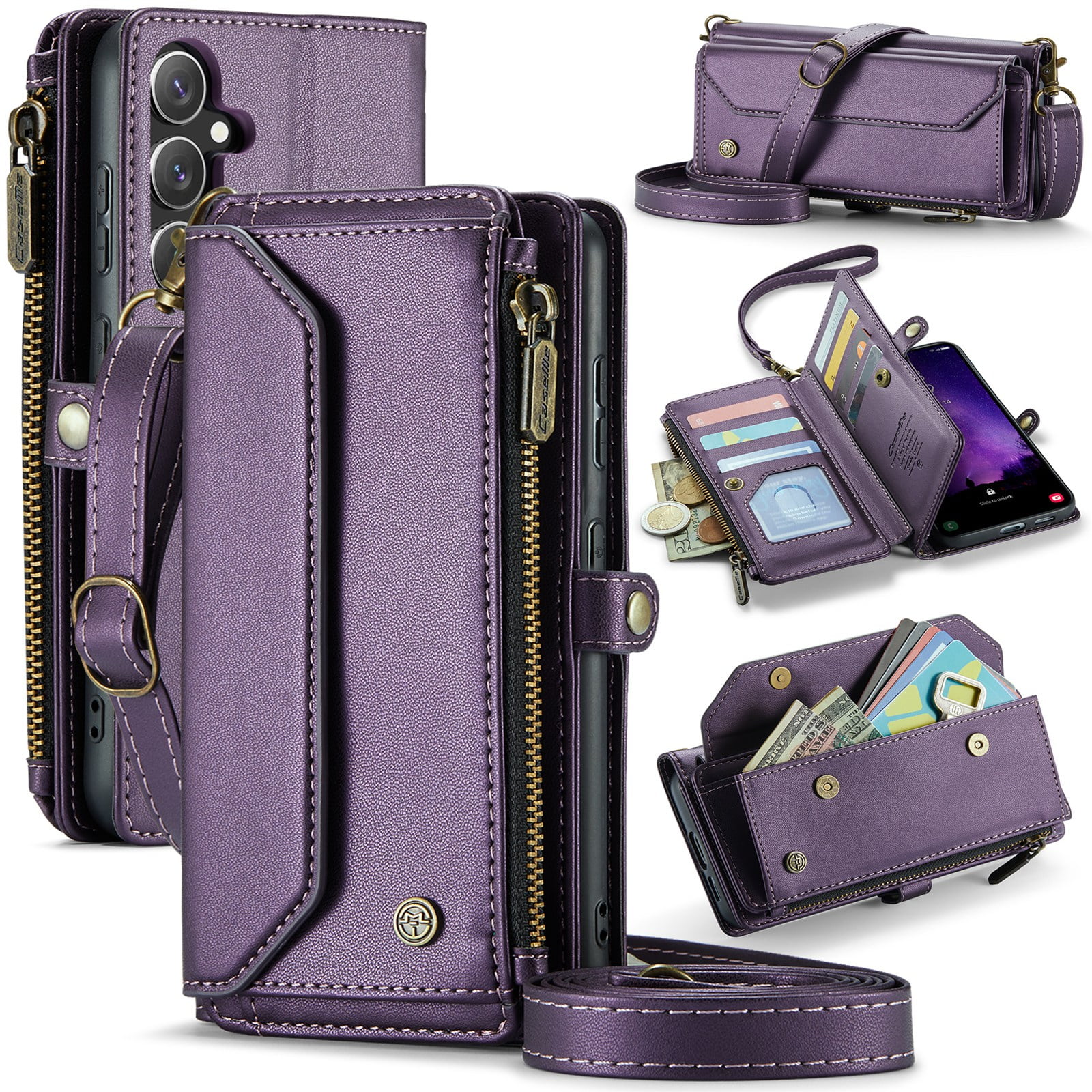 ELEHOLD for Samsung Galaxy S25 FE Wallet Case,Support Wireless Charging PU Leather RFID Blocking Card Holder Kickstand Flip Shockproof Case with Crossbody/Wristlet Strap ,Purple