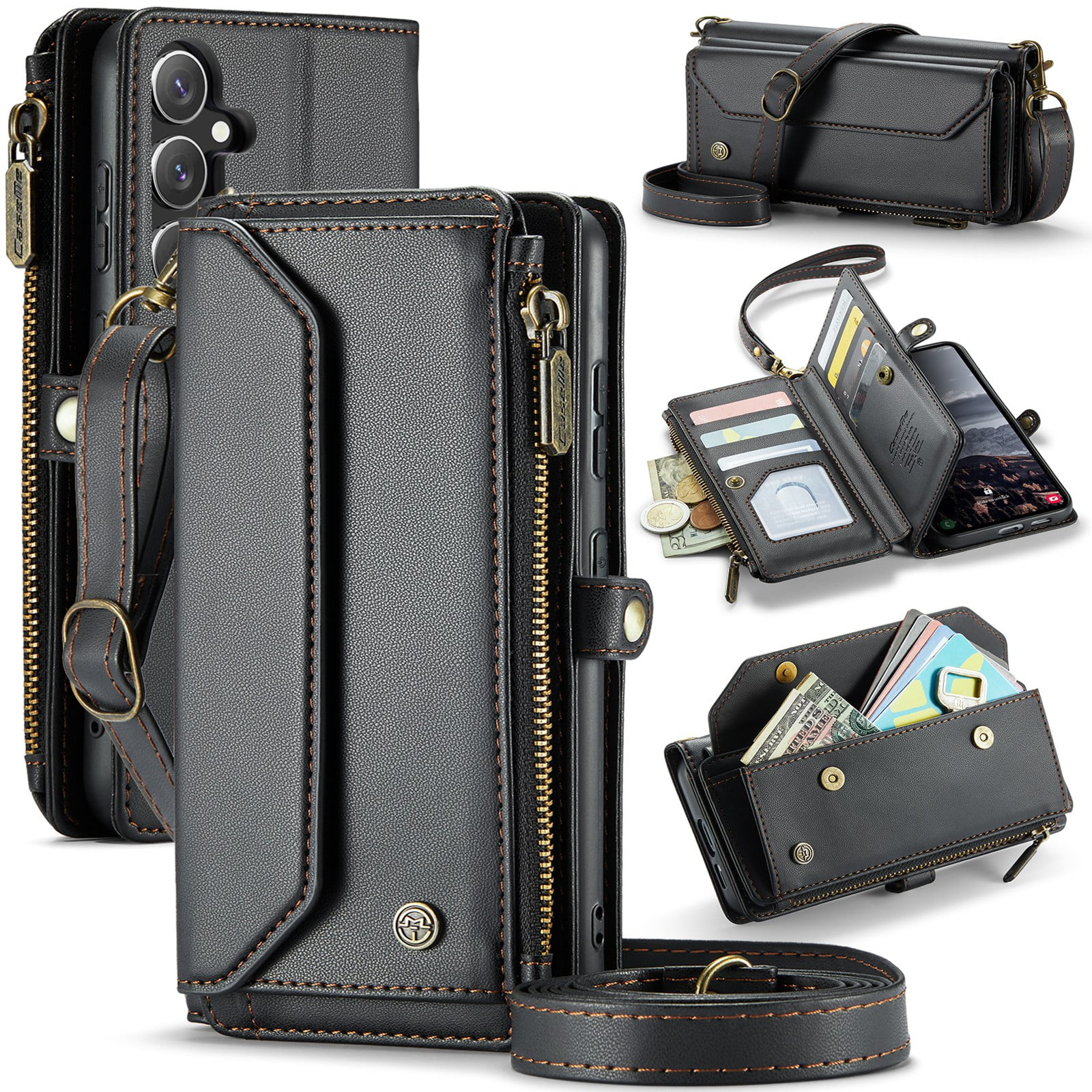 ELEHOLD for Samsung Galaxy S25 FE Wallet Case,Support Wireless Charging PU Leather RFID Blocking Card Holder Kickstand Flip Shockproof Case with Crossbody/Wristlet Strap ,Black