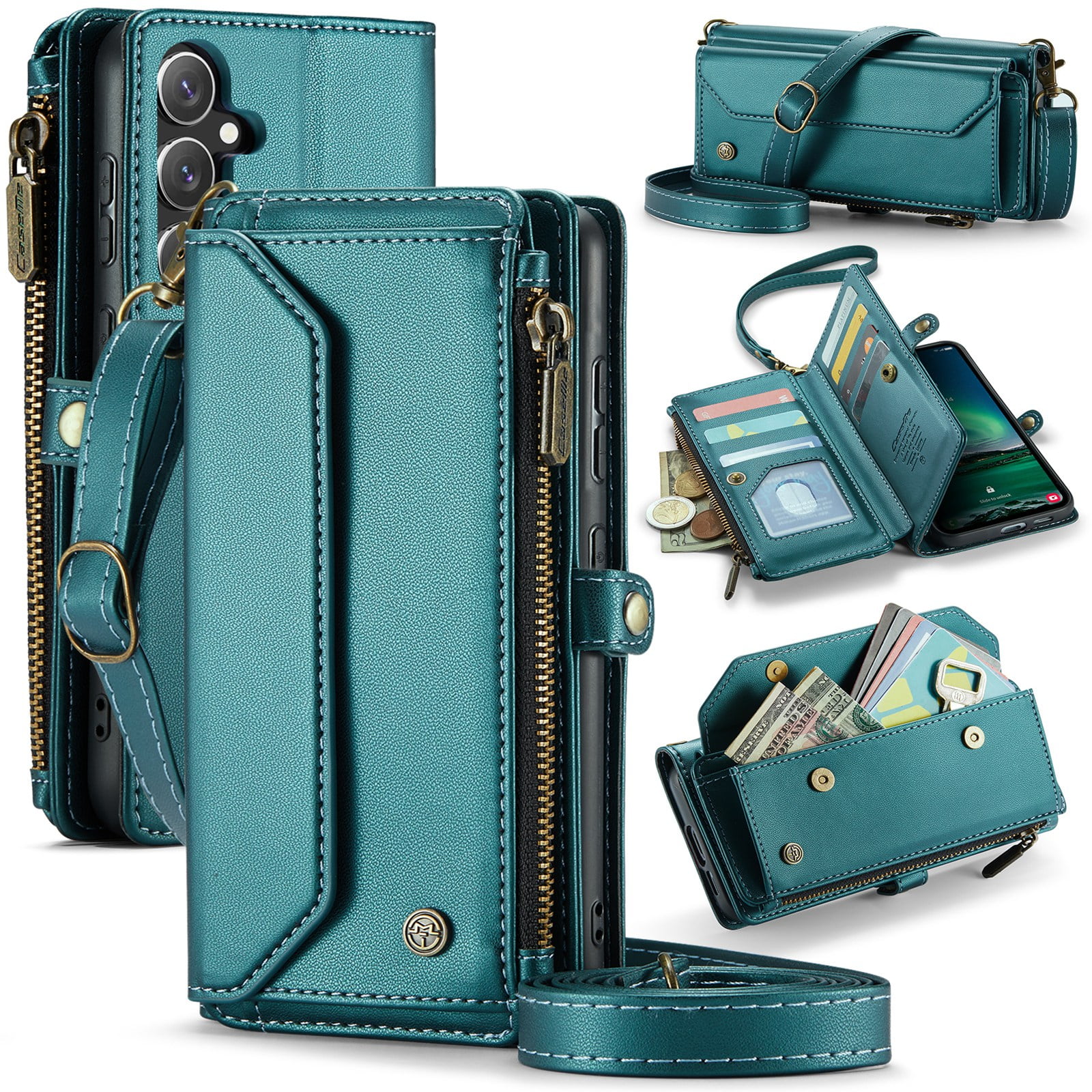 ELEHOLD for Samsung Galaxy S25 FE Wallet Case,Support Wireless Charging PU Leather RFID Blocking Card Holder Kickstand Flip Shockproof Case with Crossbody/Wristlet Strap ,Green