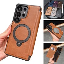 ELEHOLD For Samsung Galaxy S25 Ultra Flip Wallet Case Cover , Magnetic Ring Kickstand Shockproof Luxury PU Leather RFID Blocking Card Slot Wallet Case,Brown