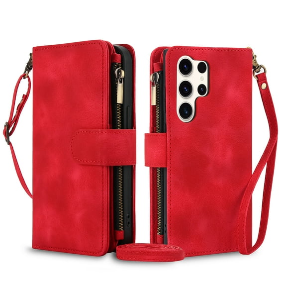 ELEHOLD for Samsung Galaxy S25 Ultra Wallet Case,Flip Leather Women Men Credit Card Cash Slot Zipper Kickstand Shockproof Case with Crossbody Wrist Strap for Samsung Galaxy S25 Ultra,Red