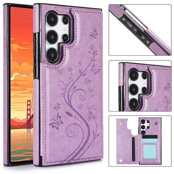 ELEHOLD for Samsung Galaxy S26 Ultra Wallet Case, Flower Embossed Pattern Magnetic Button Card Holders PU Leather Cover Kickstand Function Shockproof Protective Cover, Purple