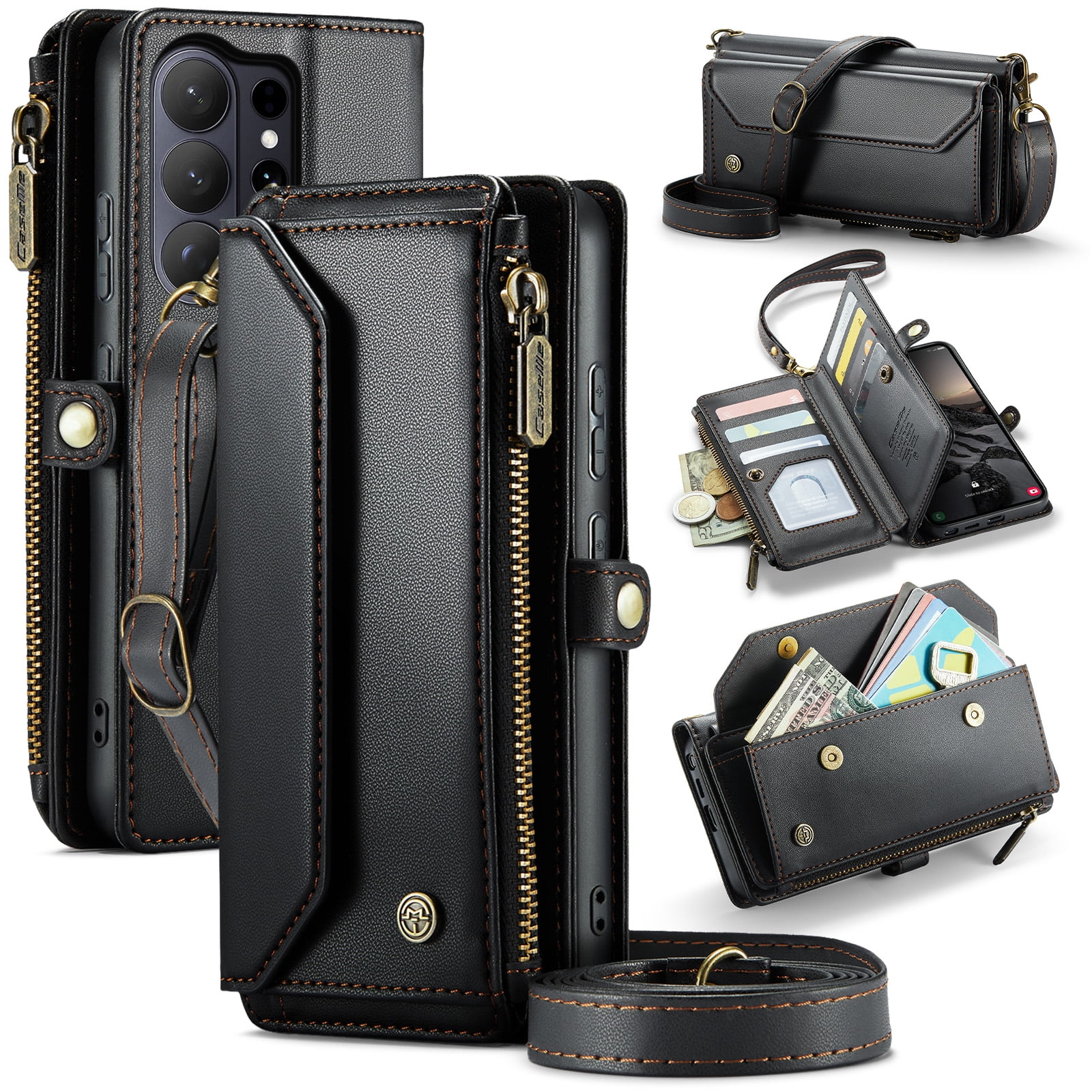 ELEHOLD for Samsung Galaxy S26 Ultra Wallet Case, PU Leather RFID Blocking Card Holder Kickstand Flip Shockproof Case with Crossbody/Wristlet Strap , Black