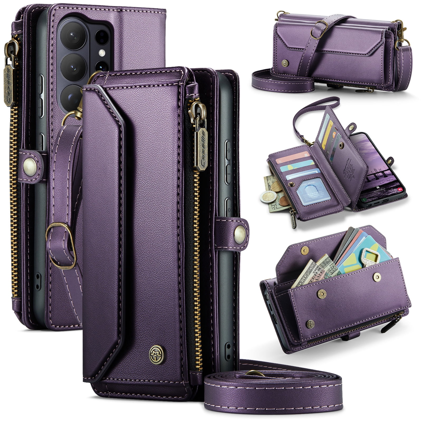 ELEHOLD for Samsung Galaxy S26 Ultra Wallet Case, PU Leather RFID Blocking Card Holder Kickstand Flip Shockproof Case with Crossbody/Wristlet Strap , Purple