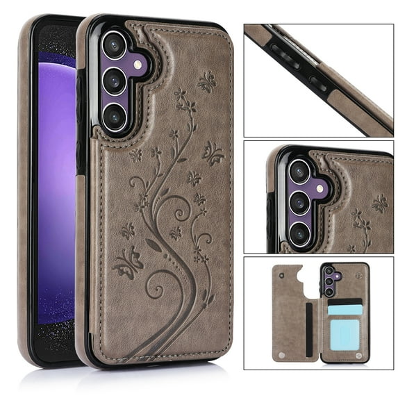 ELEHOLD for Samsung Galaxy S26 Wallet Case, Flower Embossed Pattern Magnetic Button Card Holders PU Leather Cover Kickstand Function Shockproof Protective Cover, Gray