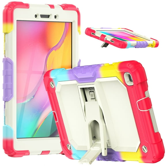 ELEHOLD for Samsung Galaxy Tab A 8.0 (2019) SM-T290/SM-T295 Ragged Case, Soft Silicone Hard PC Shoulder Strap Built-Kickstand Anti-Drop Shockproof Heavy Duty Protective Cover Case,Colorful Rose