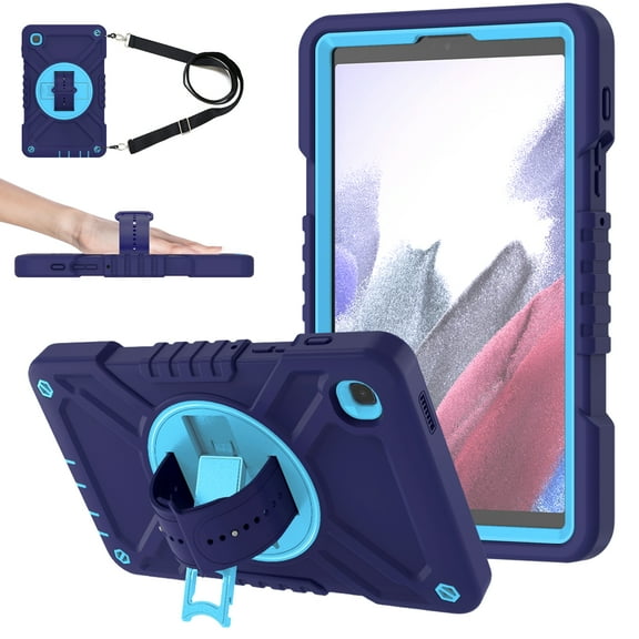 ELEHOLD for Samsung Galaxy Tab A7 Lite 8.7 (2021) Rugged Case, Shockproof Heavy Duty Protective Cover with 360 Rotation Handle Strap & Kickstand & Shoulder Strap for Tab A7 Lite T220/T225,Navy Blue
