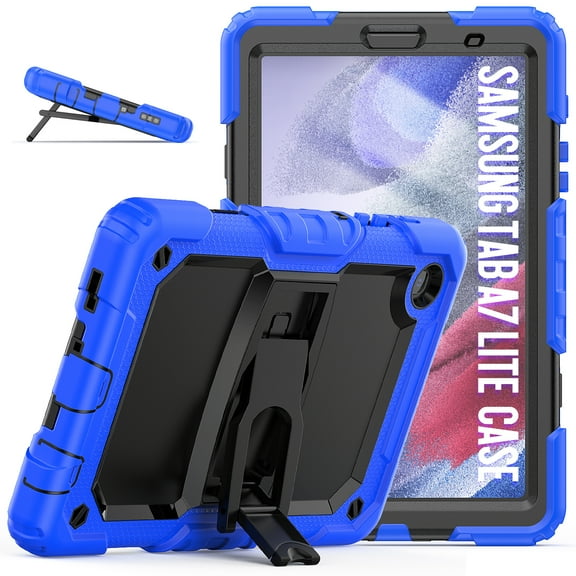 ELEHOLD for Samsung Galaxy Tab A7 Lite SM-T220/SM-T225 Ragged Case, Soft Silicone Hard PC Shoulder Strap Built-Kickstand Anti-Drop Shockproof Heavy Duty Protective Cover Case,Dark Blue