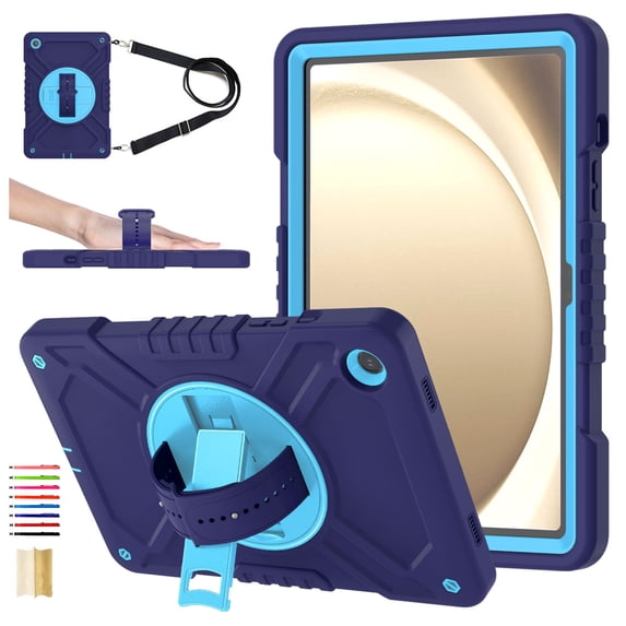 ELEHOLD for Samsung Galaxy Tab A8 10.5 (2022) Rugged Case, Shockproof Heavy Duty Protective Cover with 360 Rotation Handle Strap & Kickstand & Shoulder Strap for Tab A8 10.5 (X200/X205),Navy Blue