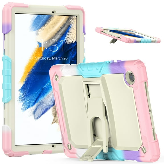 ELEHOLD for Samsung Galaxy Tab A8 10.5 inch Tablet SM-X200 2022 Ragged Case, Soft Silicone Hard PC Shoulder Strap Built-Kickstand Anti-Drop Shockproof Heavy Duty Protective Cover Case,Pink/Colorful