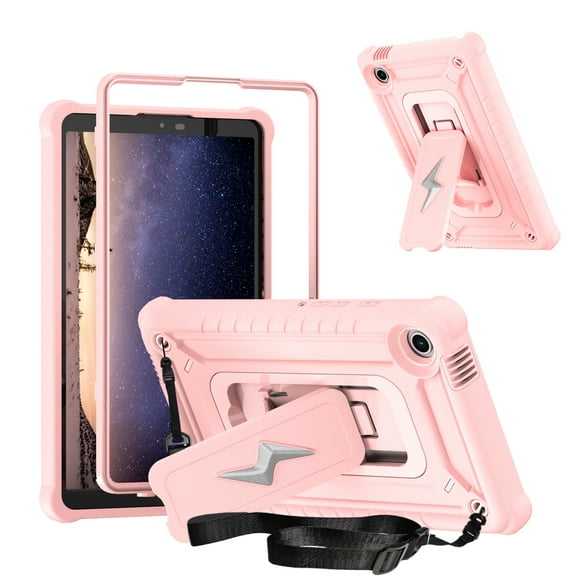 ELEHOLD For Samsung Galaxy Tab A9 Case,Rugged Shockproof 3-Layer Kickstand Pencil Holder Protective Case with Shoulder Strap for Kids, School, Outdoor Travel,Rosegold