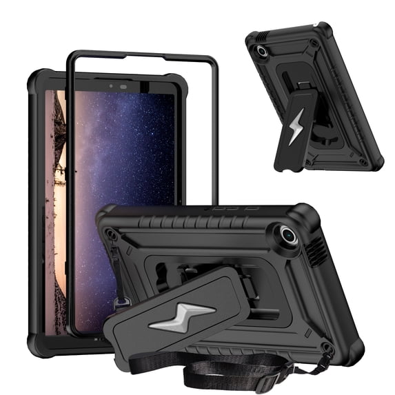 ELEHOLD For Samsung Galaxy Tab A9 Plus Case,Rugged Shockproof 3-Layer Kickstand Pencil Holder Protective Case with Shoulder Strap for Kids, School, Outdoor Travel,Black