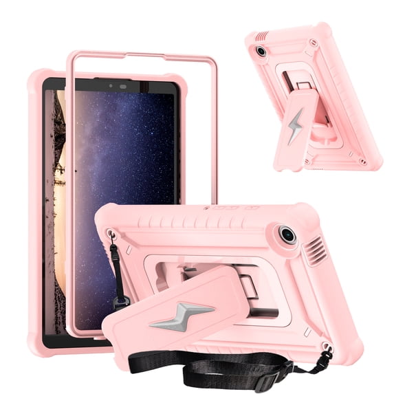 ELEHOLD For Samsung Galaxy Tab A9 Plus Case,Rugged Shockproof 3-Layer Kickstand Pencil Holder Protective Case with Shoulder Strap for Kids, School, Outdoor Travel,Rosegold