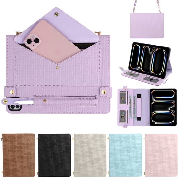ELEHOLD For Samsung Galaxy Tab S11 Ultra 2025 14.6-inch Case, Soft PU Leather Pencil Holder Money Pocket Card Holder Kickstand S Pen Slot Shockproof Flip Cover with Shoulder Strap,Purple