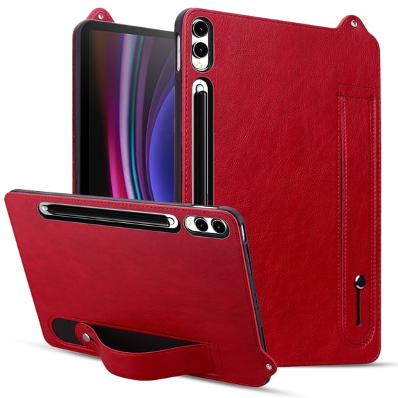 ELEHOLD for Samsung Galaxy Tab S9 Plus/S8plus/S7+/S7FE Case, Slim Fit Protective PU Leather Business Wrist Strap Stand Shock-Resistant Protective Case for Samsung Galaxy Tab S9 Plus,Red