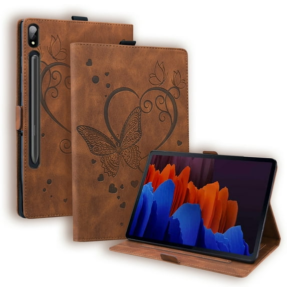 ELEHOLD for Samsung Galaxy Tab S9/S8/S7 11 Inch Leather Case,Embossed Butterfly Pattern Folio Flip Case Card Slots Kickstand Magnetic Clasp Shockproof Protective Case for Samsung Tab S9/S8/S7,Brown