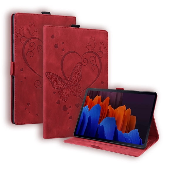 ELEHOLD for Samsung Galaxy Tab S9/S8/S7 11 Inch Leather Case,Embossed Butterfly Pattern Folio Flip Case Card Slots Kickstand Magnetic Clasp Shockproof Protective Case for Samsung Tab S9/S8/S7,Red