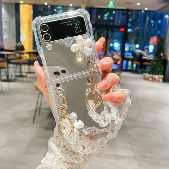 ELEHOLD for Samsung Galaxy Z Flip 3 6.7 inch Luxury Mirror Case, Crystal Diamond Pearl Flower Bracelet Wrist Strap Screen & Camera Protection No Fingerprint Shockproof Case for Girls Women,Silver