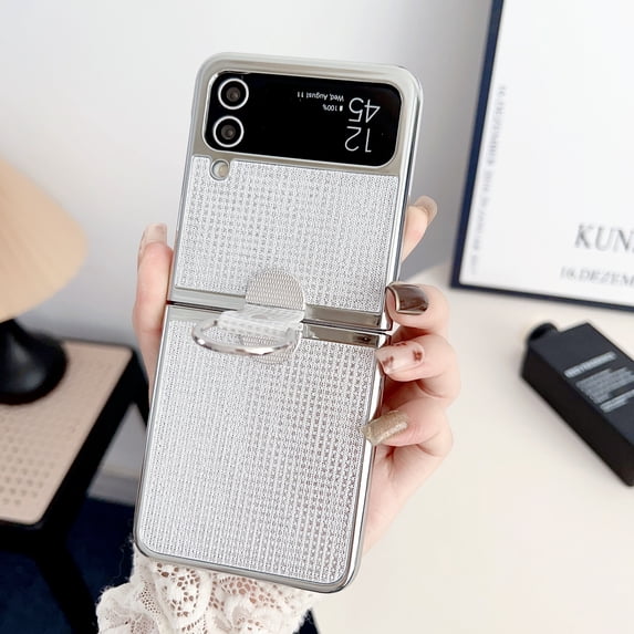 ELEHOLD for Samsung Galaxy Z Flip 3 Case, Plating Frame Hard PC Case with Ring Holder Stand, Stylish Fashion Design Slim Fit Shockproof Bumper Phone Cover for Women Girls - Silver