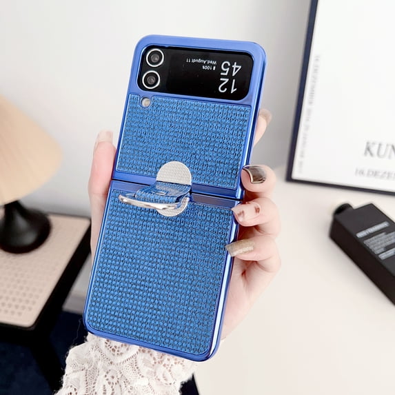 ELEHOLD for Samsung Galaxy Z Flip 3 Case, Plating Frame Hard PC Case with Ring Holder Stand, Stylish Fashion Design Slim Fit Shockproof Bumper Phone Cover for Women Girls - Blue
