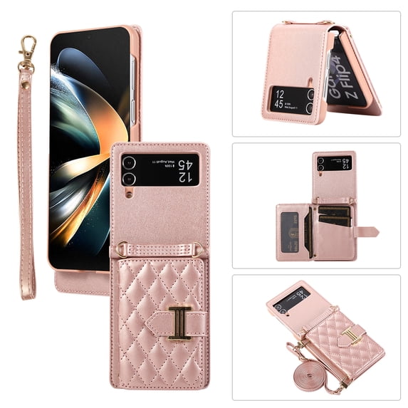 ELEHOLD for Samsung Galaxy Z Flip 3 Crossbody Wallet Case with Card Holders Luxury Soft PU Leather Shockproof Protective Cover with Shoulder Strap for Samsung Z Flip3 for Girls Women,Rosegold